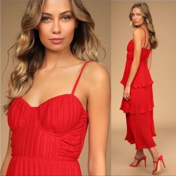 Red Bustier Pleated Tiered Chiffon Midi Dress 🌿 similar to Abercrombie Giselle - Picture 2 of 10